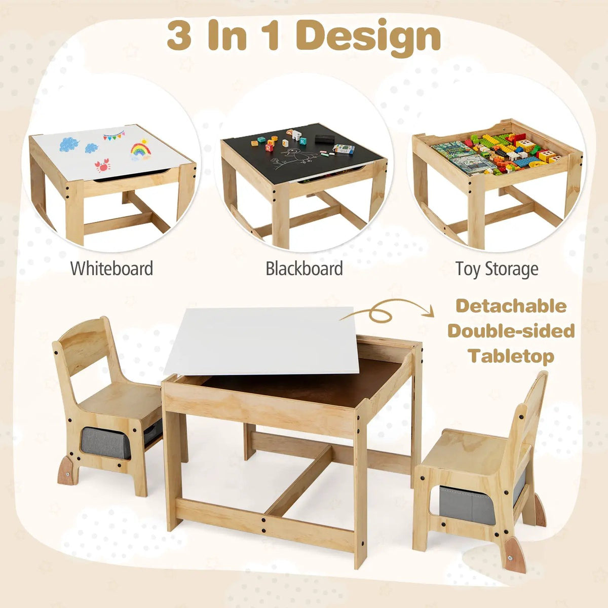 3 in 1 Kids Table and Chair Set with Removable Tabletop and 2 Storage Drawers, photo 12 of 16