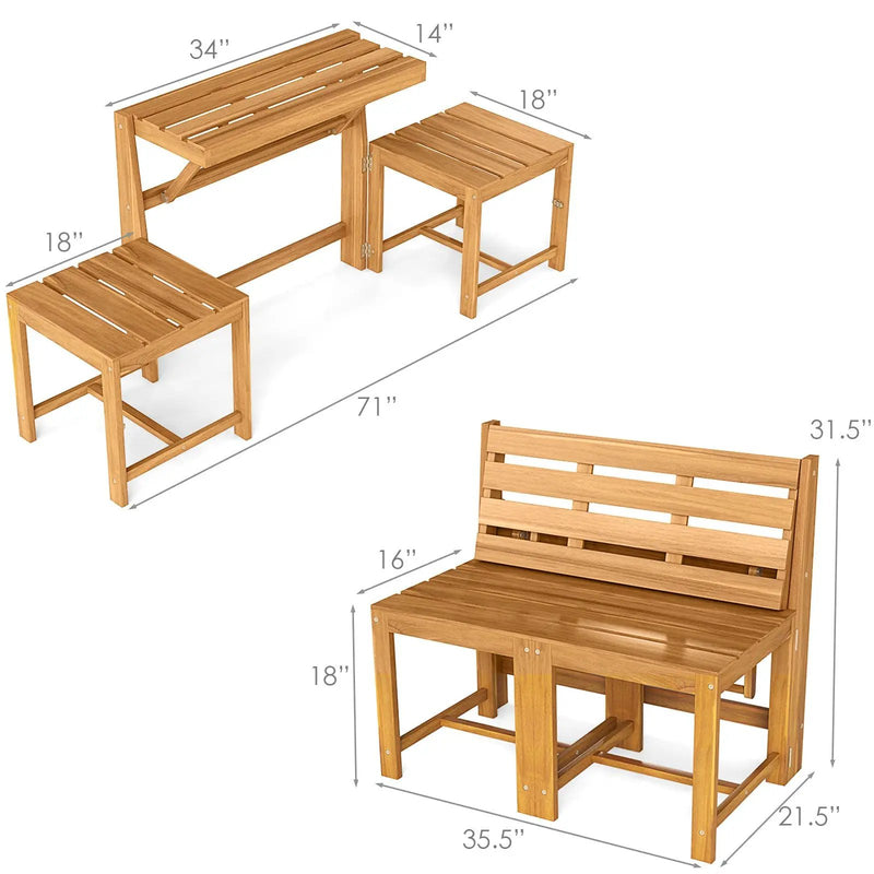3-in-1 Outdoor Acacia Wood Loveseat Bench Furniture with Slatted Seat by DirectDeals