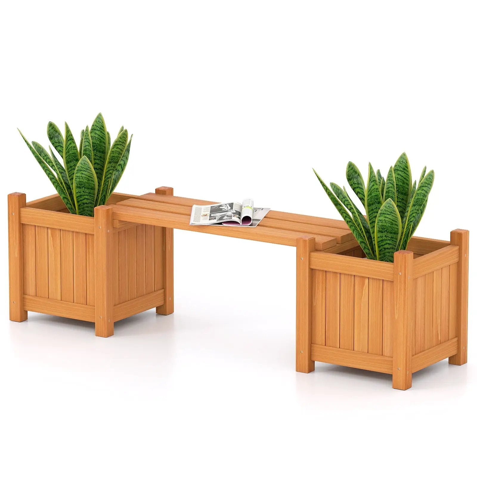 3-in-1 Outdoor Planter Box with Bench 2-Person Outdoor Bench with 2 Side Garden Beds-Orange by DirectDeals