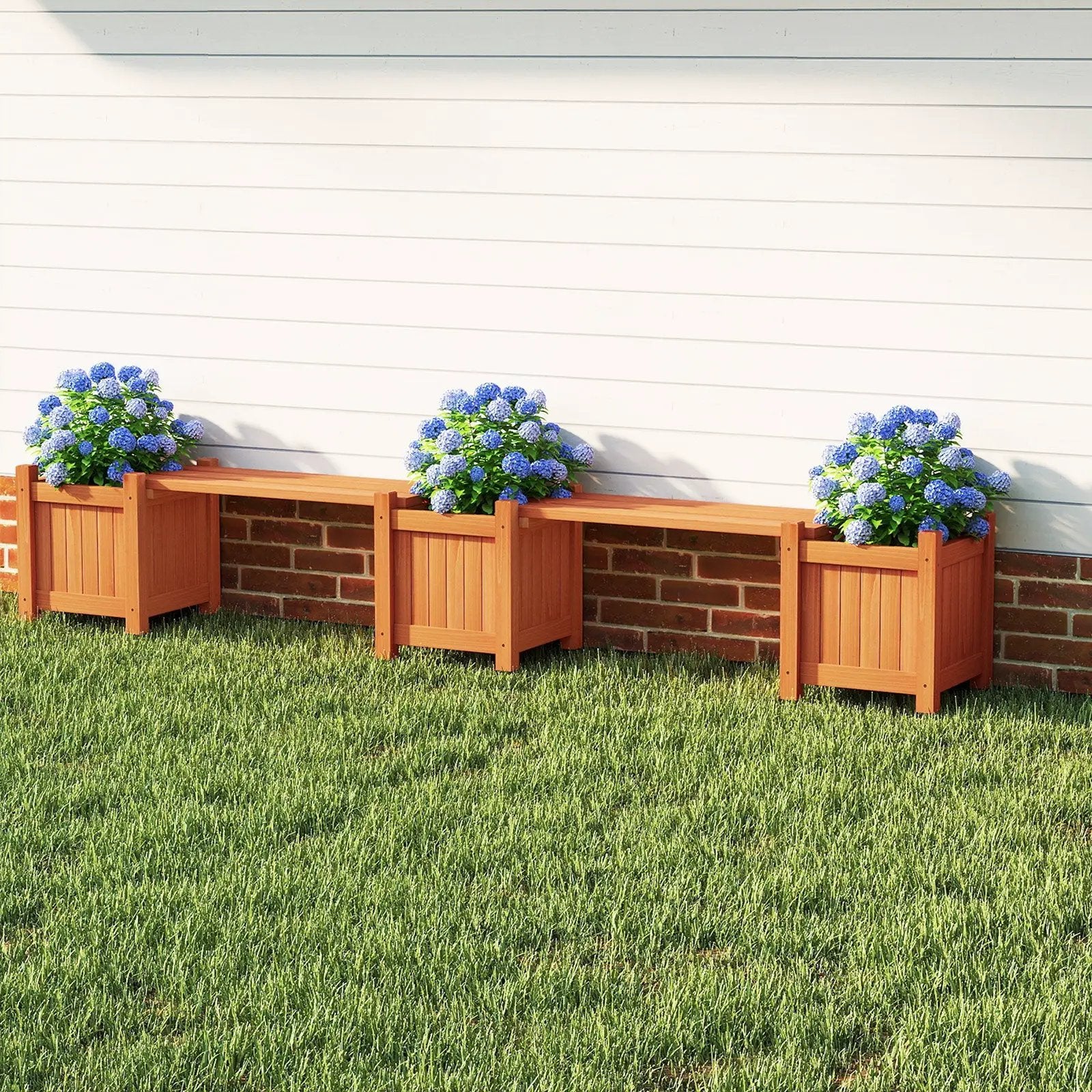 3-in-1 Outdoor Planter Box with Bench 2-Person Outdoor Bench with 2 Side Garden Beds-Orange by DirectDeals