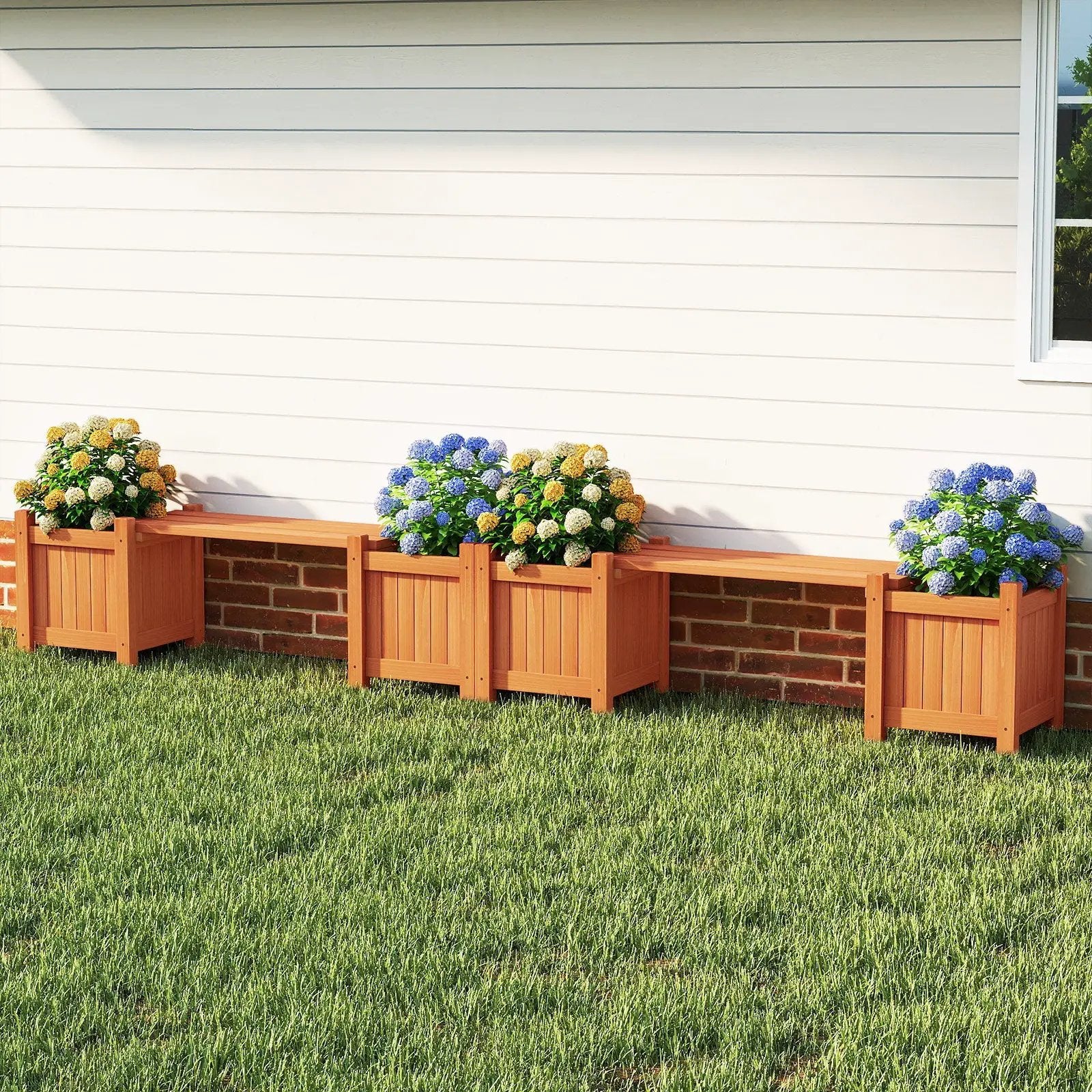3-in-1 Outdoor Planter Box with Bench 2-Person Outdoor Bench with 2 Side Garden Beds-Orange by DirectDeals