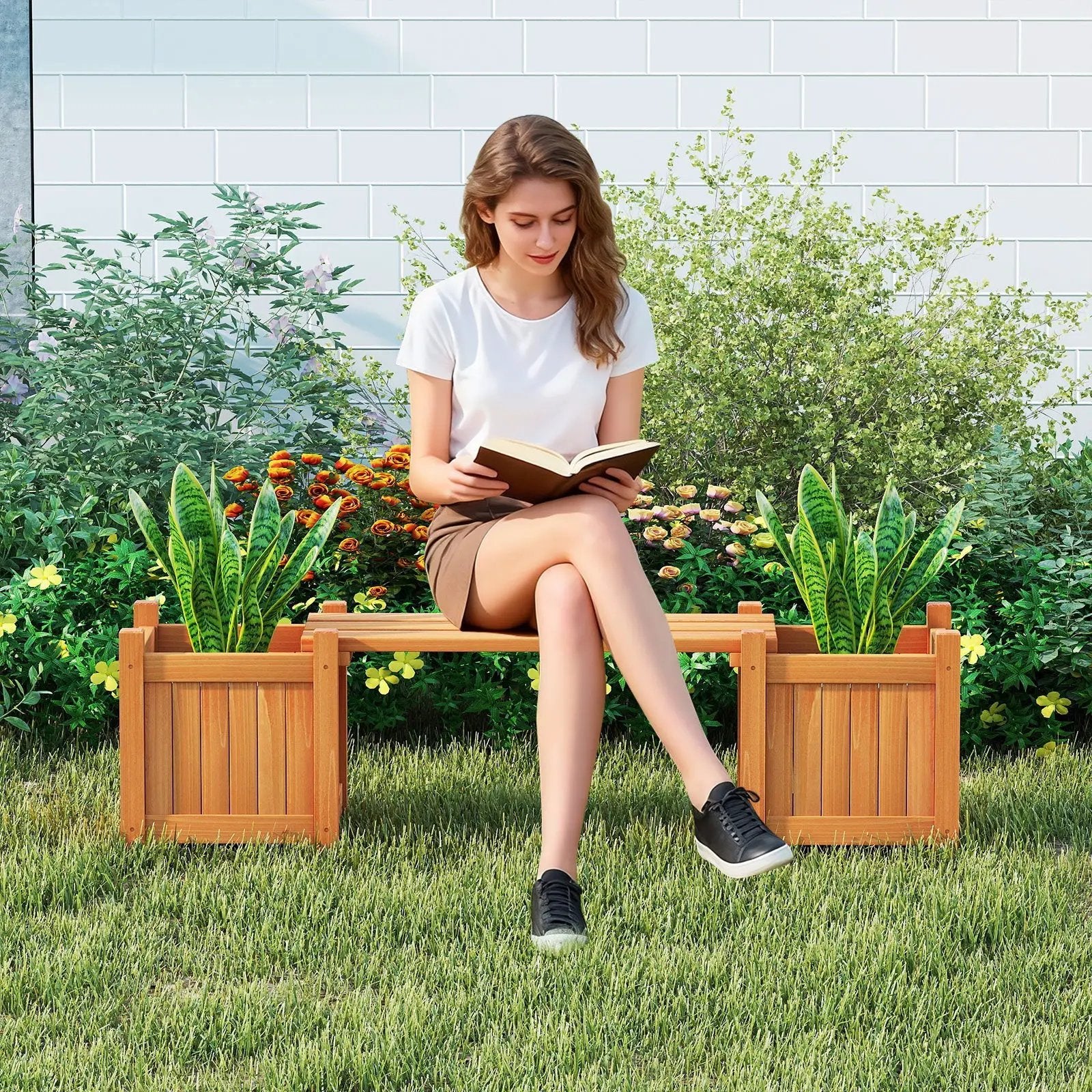 3-in-1 Outdoor Planter Box with Bench 2-Person Outdoor Bench with 2 Side Garden Beds-Orange by DirectDeals