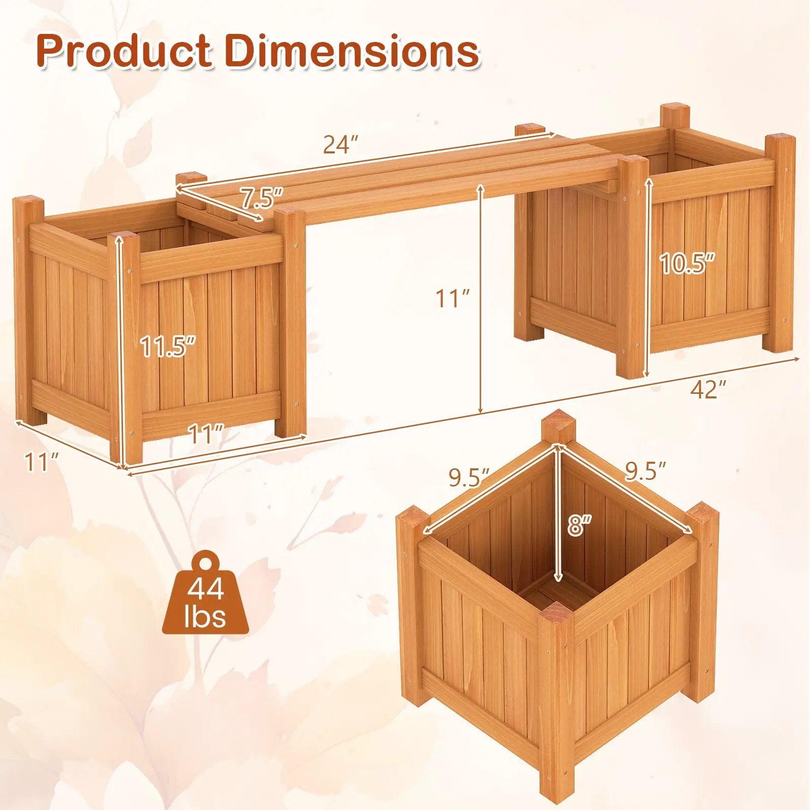 3-in-1 Outdoor Planter Box with Bench 2-Person Outdoor Bench with 2 Side Garden Beds-Orange by DirectDeals