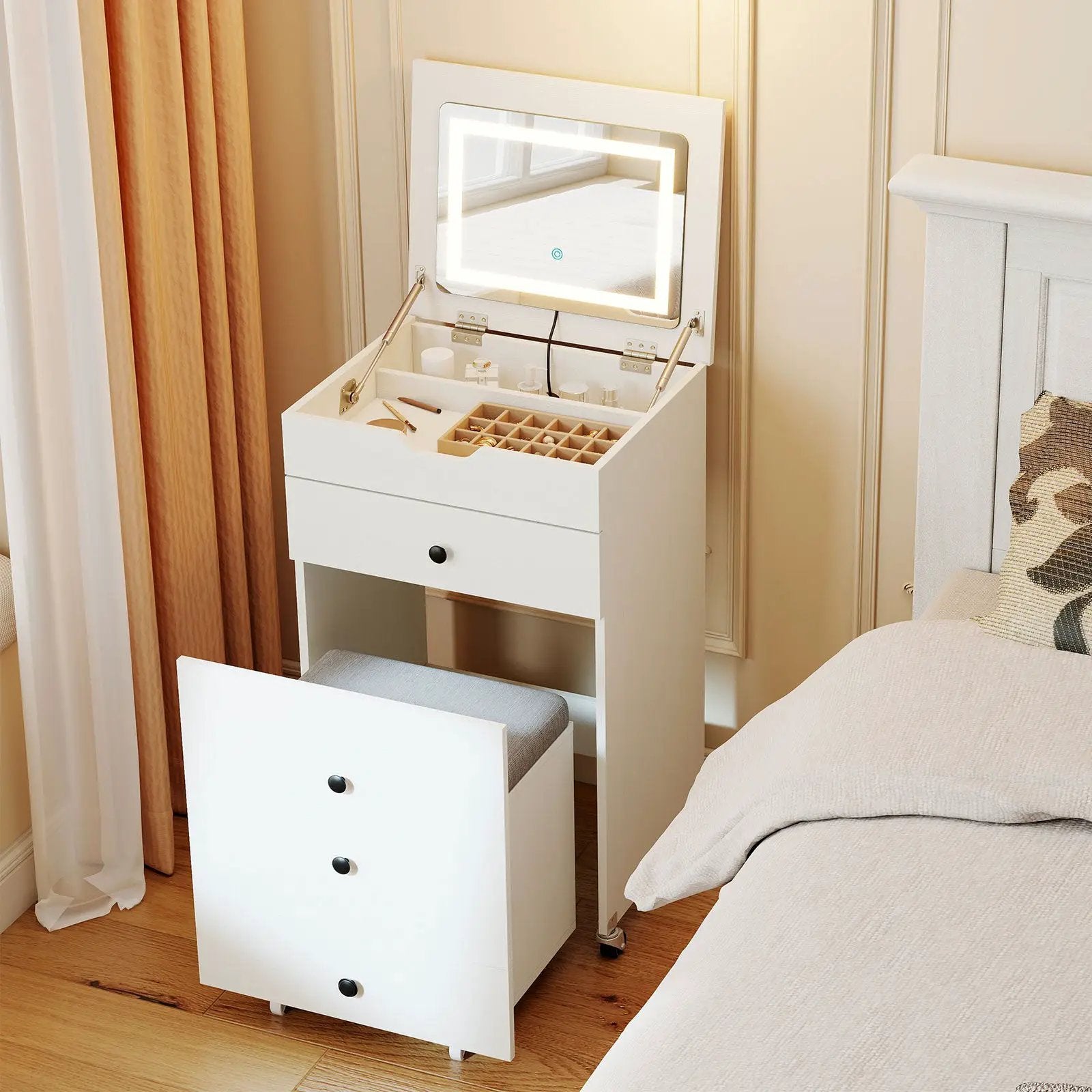 3-in-1 Small Vanity Desk Set with Flip-top Mirror and Lights with Drawers and Stool-White by DirectDeals