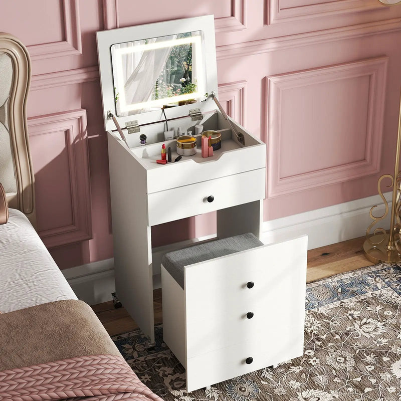 3-in-1 Small Vanity Desk Set with Flip-top Mirror and Lights with Drawers and Stool-White by DirectDeals