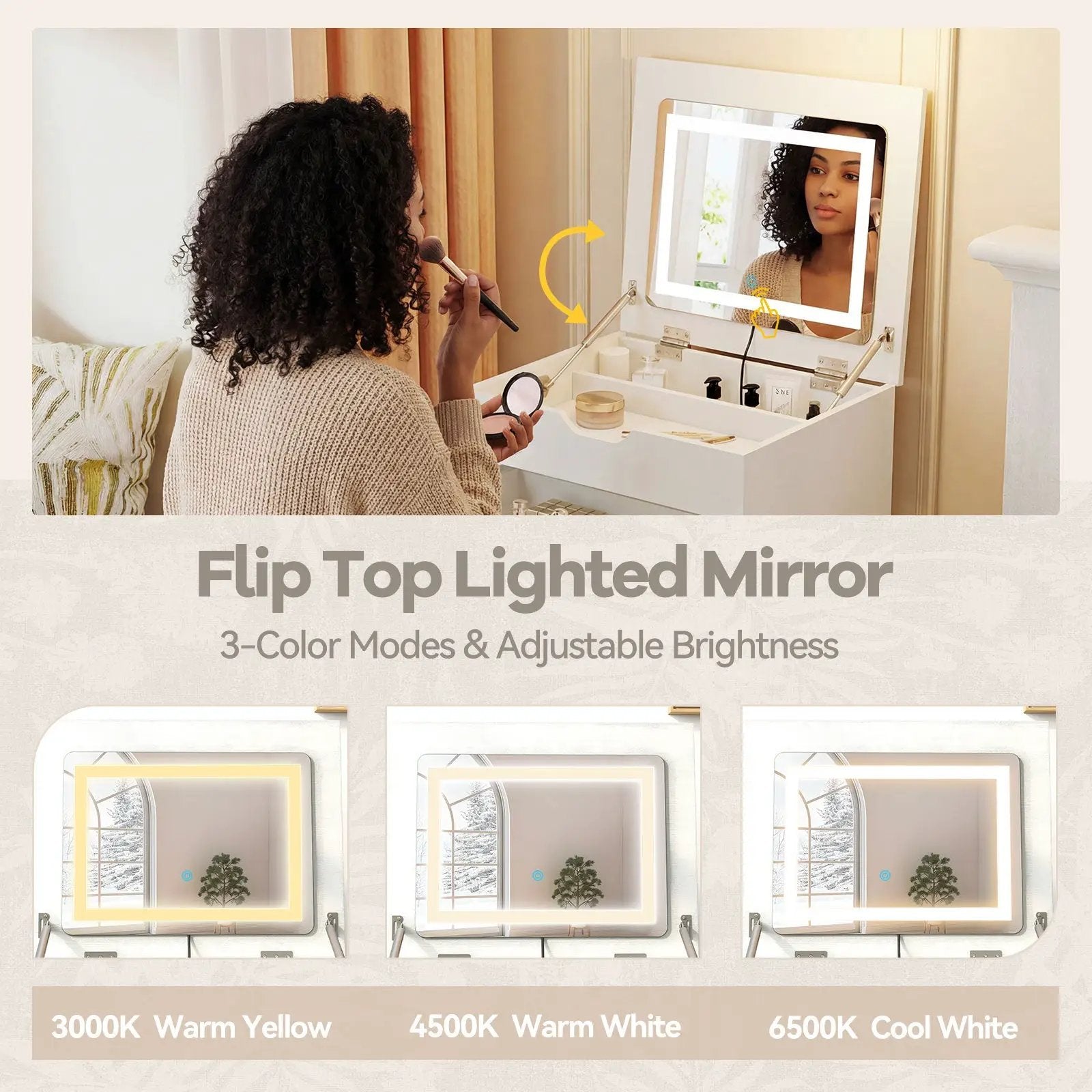 3-in-1 Small Vanity Desk Set with Flip-top Mirror and Lights with Drawers and Stool-White by DirectDeals
