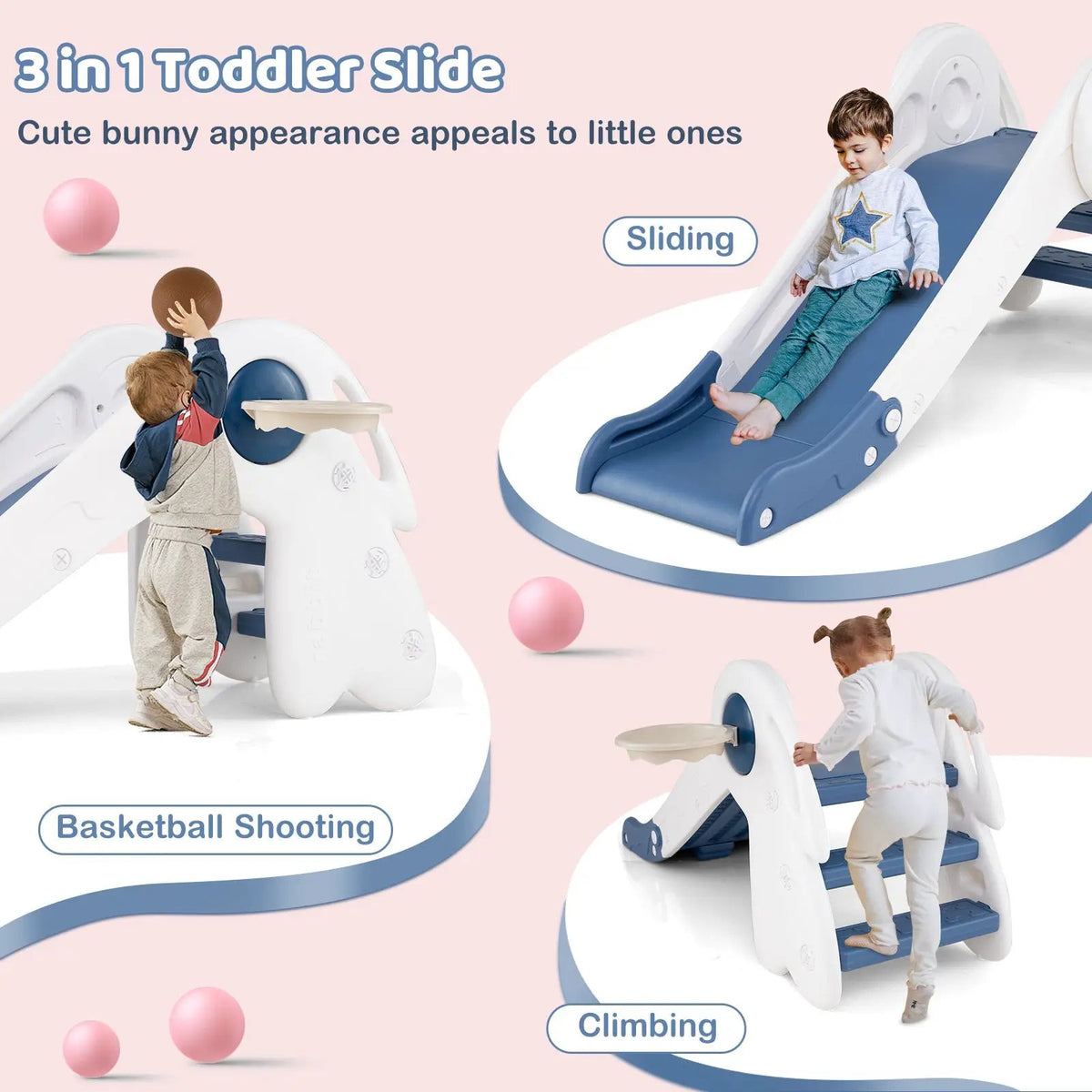 3 in 1 Toddler Slide Baby Slide Climber Playset with Basketball Hoop and Basketball, photo 10 of 16
