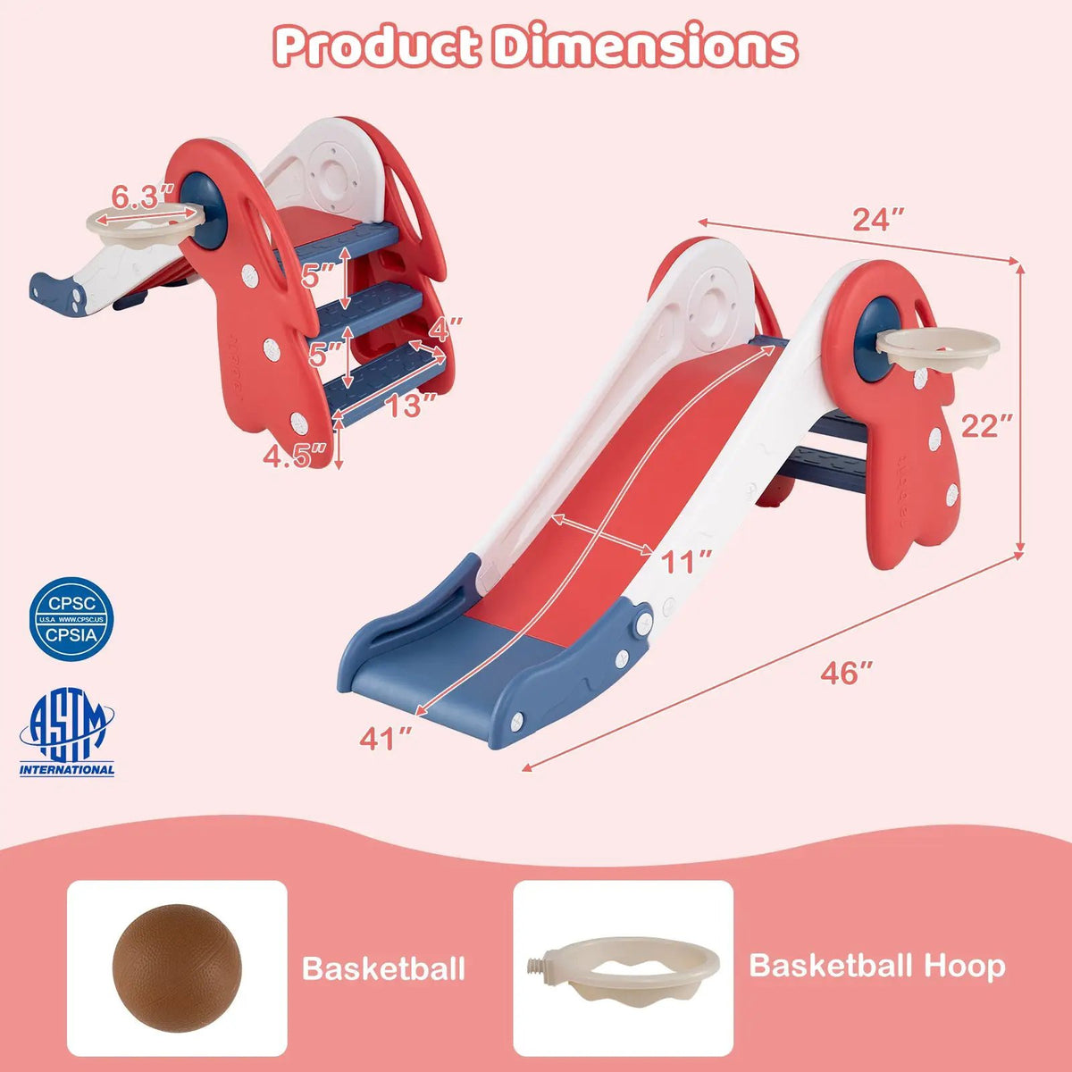 3 in 1 Toddler Slide Baby Slide Climber Playset with Basketball Hoop and Basketball, photo 7 of 16