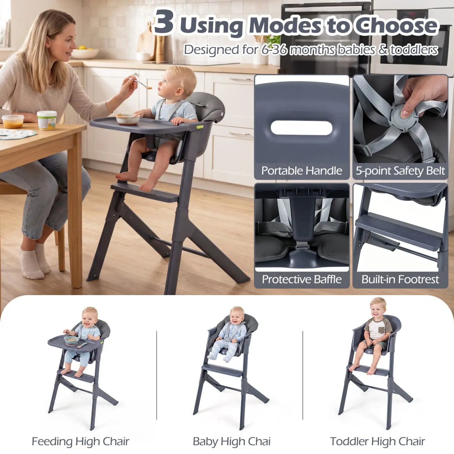 3-in-1 Washable Baby High Chair with Tray Footrest by DirectDeals
