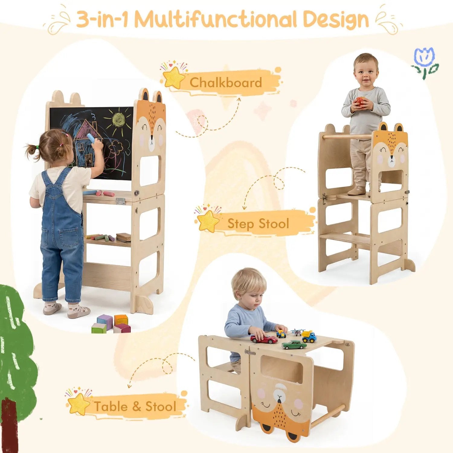 3-in-1 Wooden Kids Step Stool with Chalkboard by DirectDeals