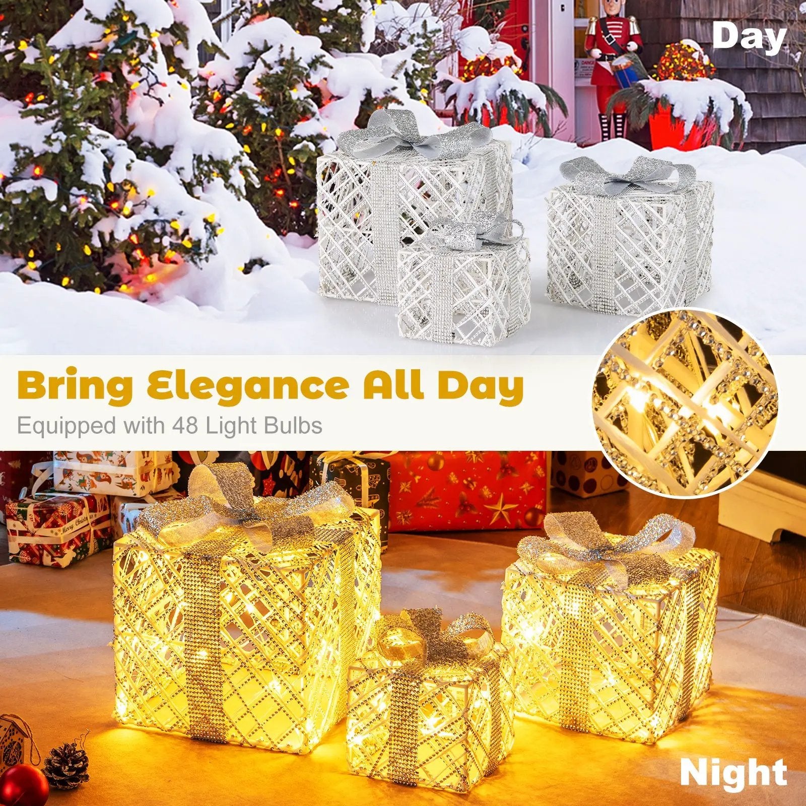 3 Pack Christmas Lighted Gift Box with 50 LED Lights and Detachable Bows by DirectDeals