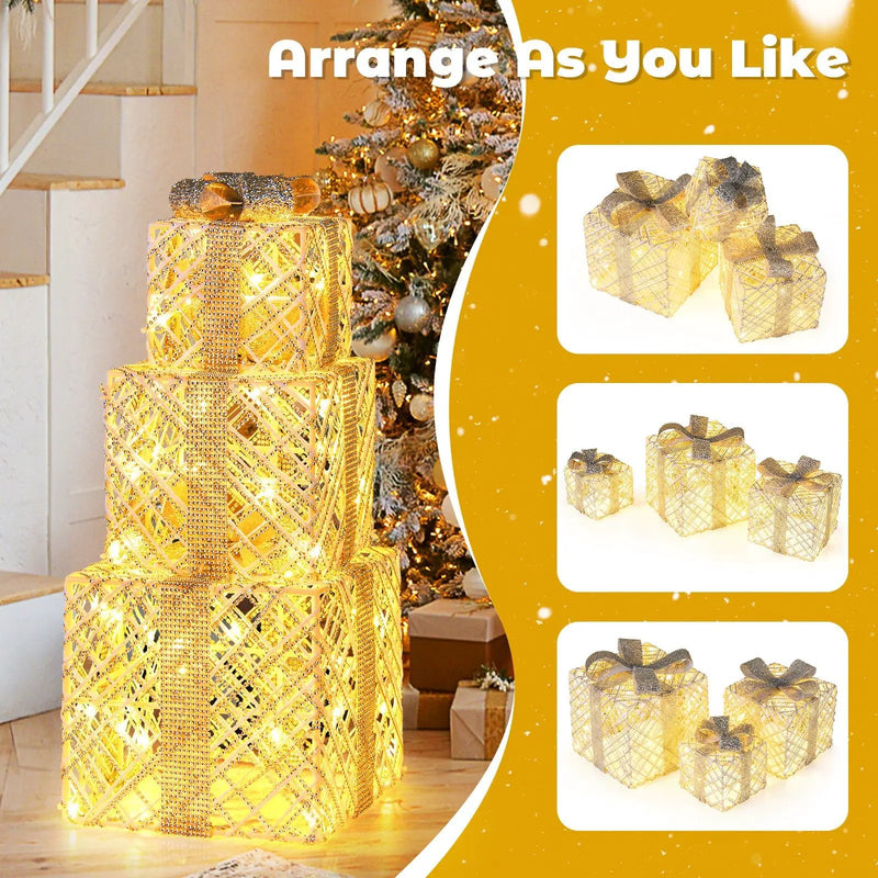 3 Pack Christmas Lighted Gift Box with 50 LED Lights and Detachable Bows by DirectDeals