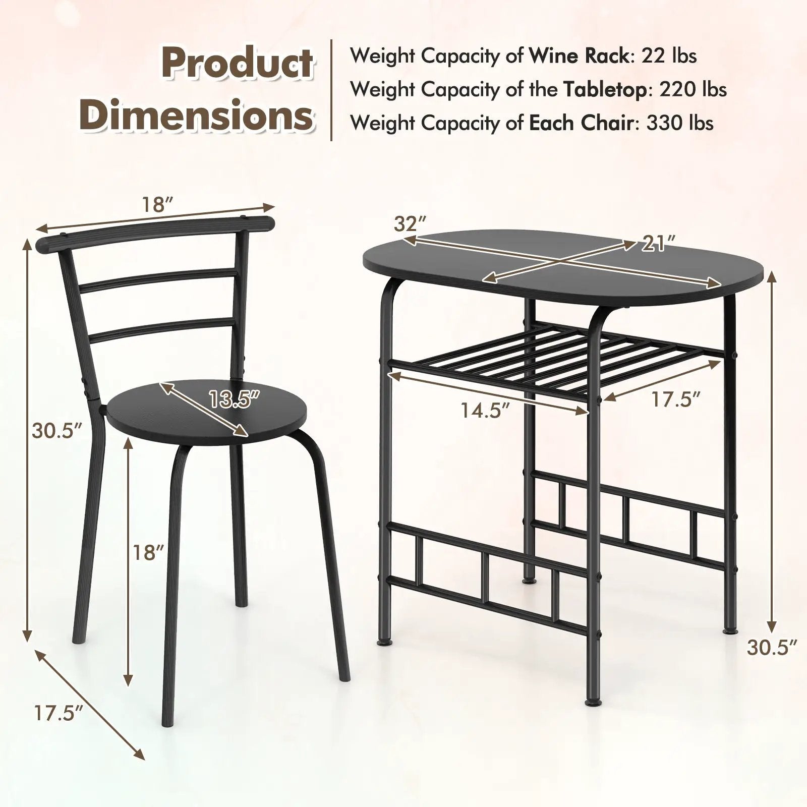 3 pcs Home Kitchen Bistro Pub Dining Table 2 Chairs Set by DirectDeals
