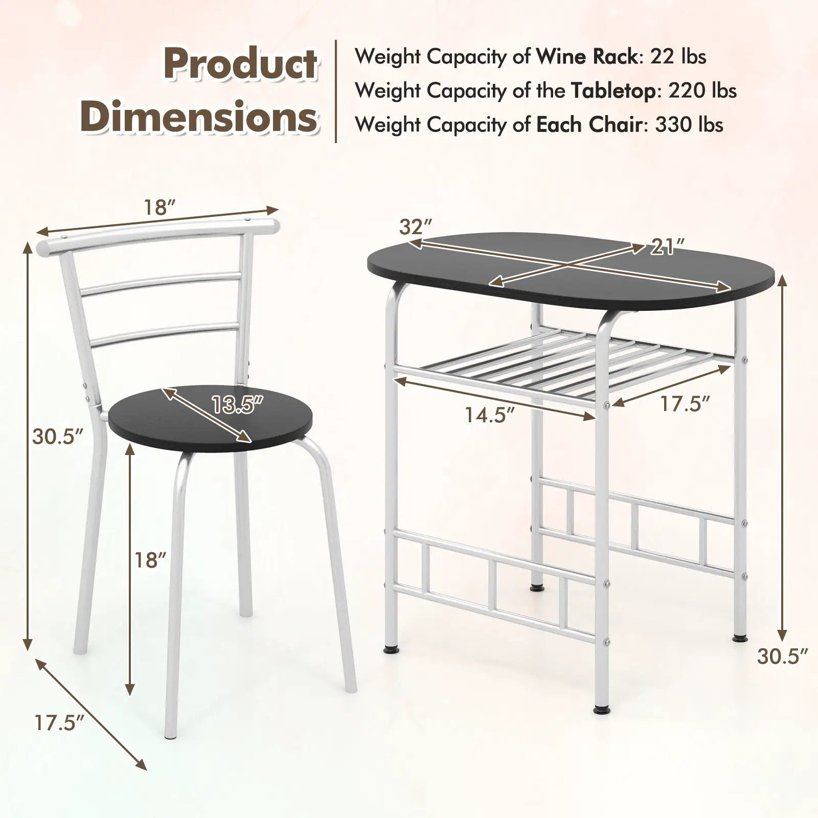 3 pcs Home Kitchen Bistro Pub Dining Table 2 Chairs Set by DirectDeals