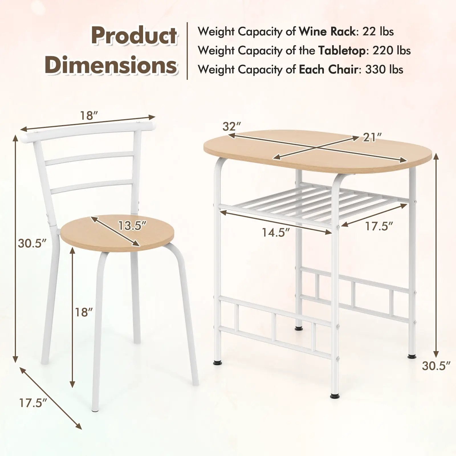 3 pcs Home Kitchen Bistro Pub Dining Table 2 Chairs Set by DirectDeals