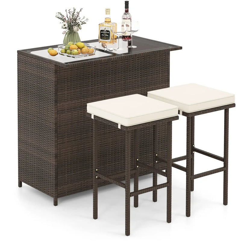 3PCS Patio Rattan Wicker Bar Table Stools Dining Set-Turquoise by DirectDeals