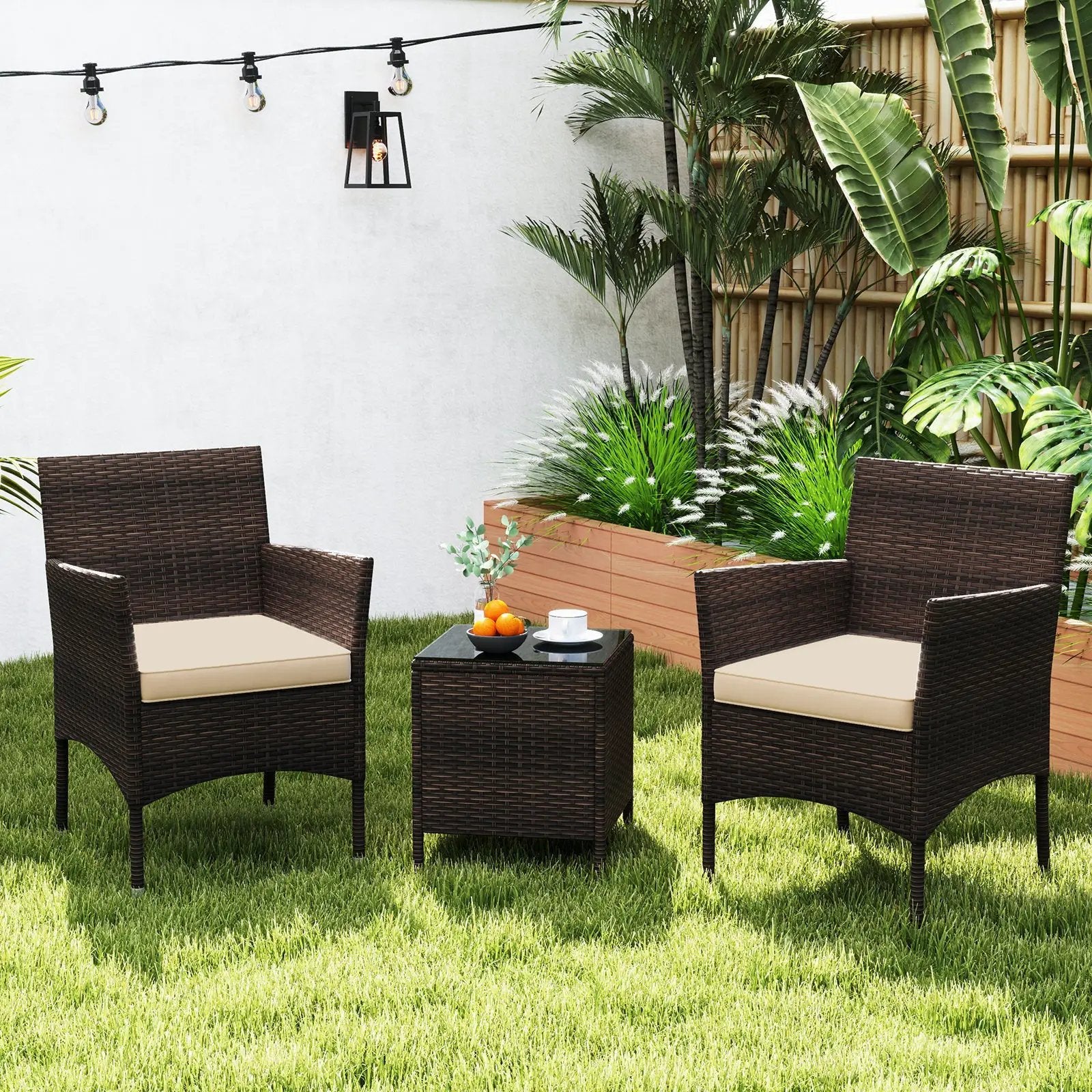 3 Pieces Outdoor Conversation Set with Cushioned Seat and Glass Tabletop by DirectDeals