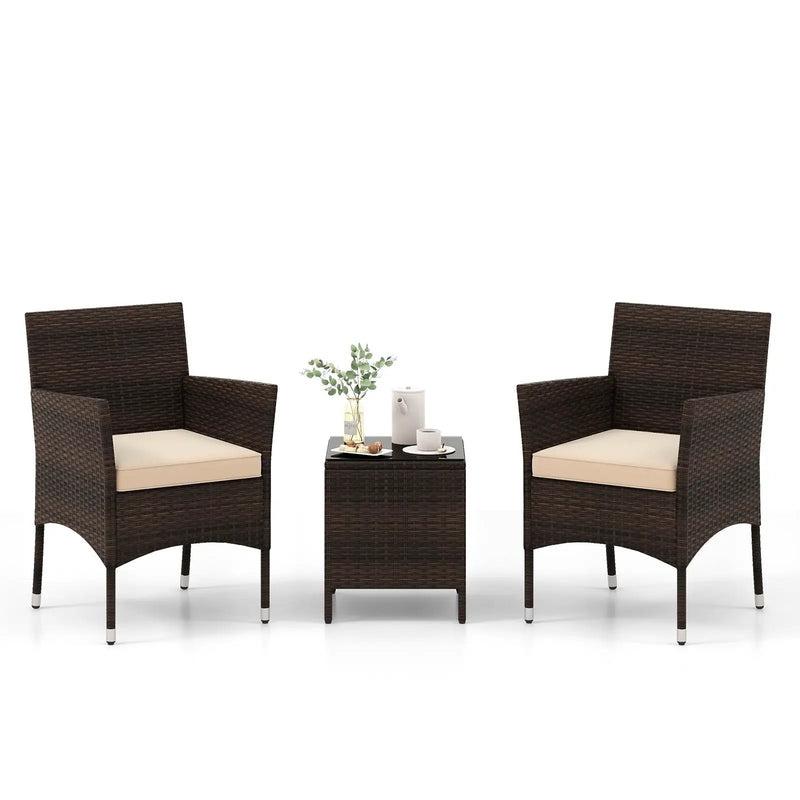 3 Pieces Outdoor Conversation Set with Cushioned Seat and Glass Tabletop by DirectDeals