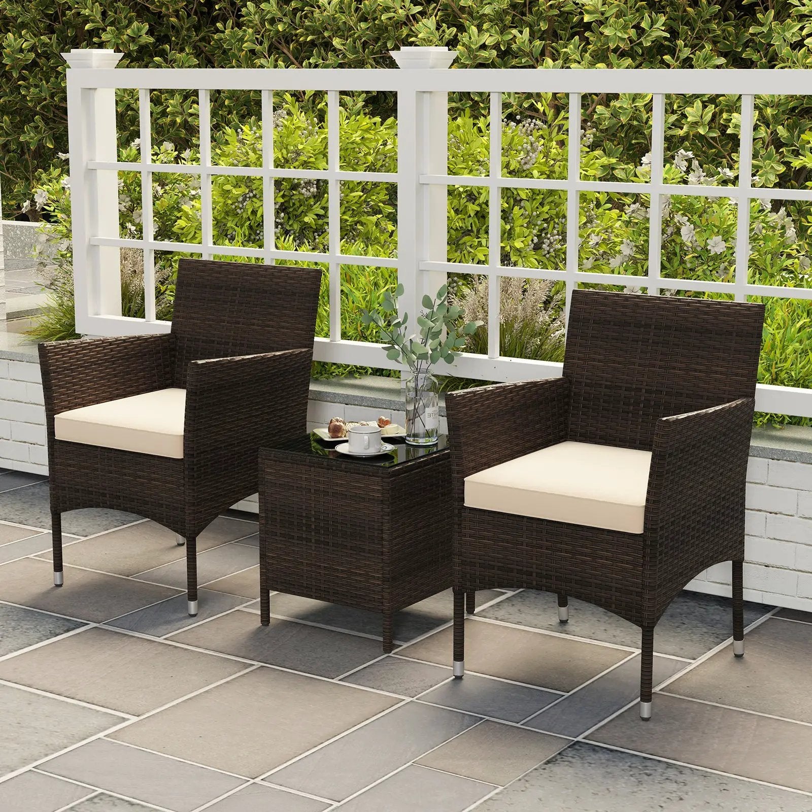 3 Pieces Outdoor Conversation Set with Cushioned Seat and Glass Tabletop by DirectDeals