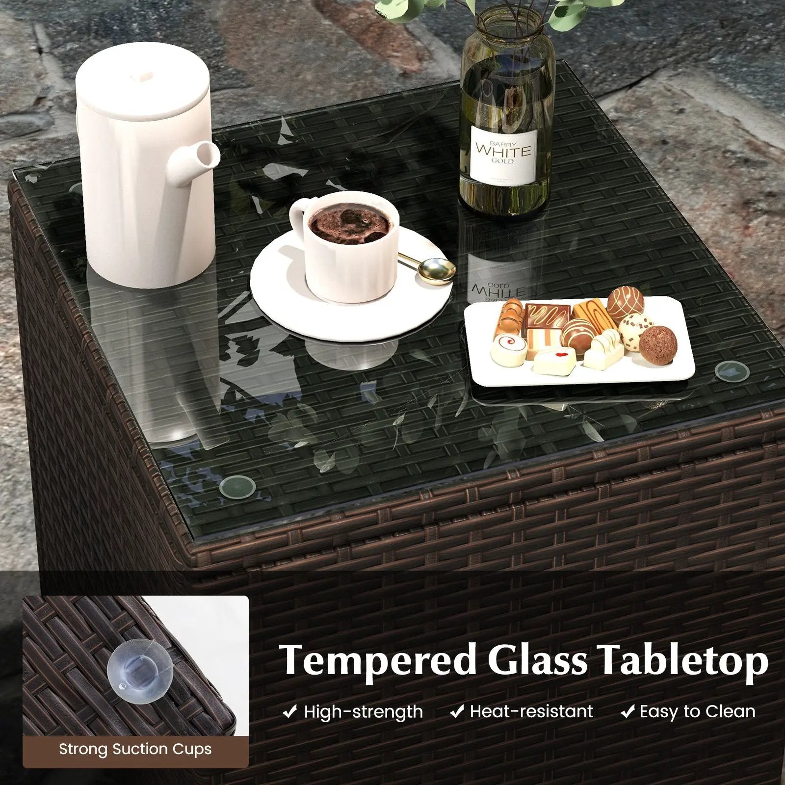 3 Pieces Outdoor Conversation Set with Cushioned Seat and Glass Tabletop by DirectDeals
