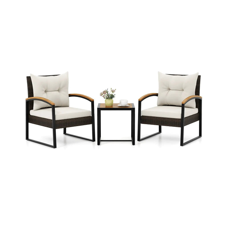 3 Piece Patio Conversation Set with Solid Acacia Wood Armrests and Tabletop-White by DirectDeals