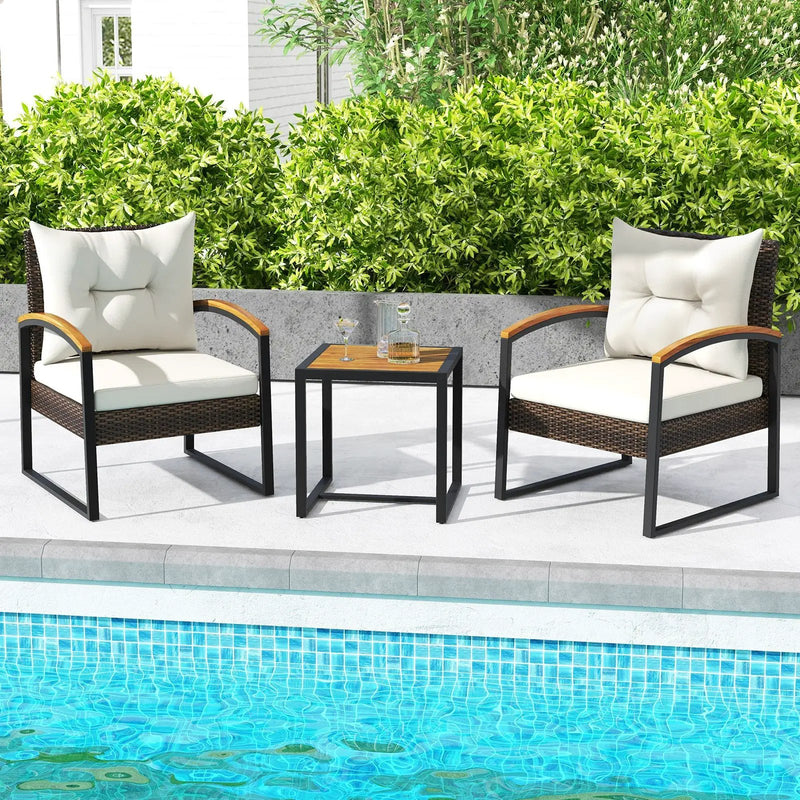 3 Piece Patio Conversation Set with Solid Acacia Wood Armrests and Tabletop-White by DirectDeals