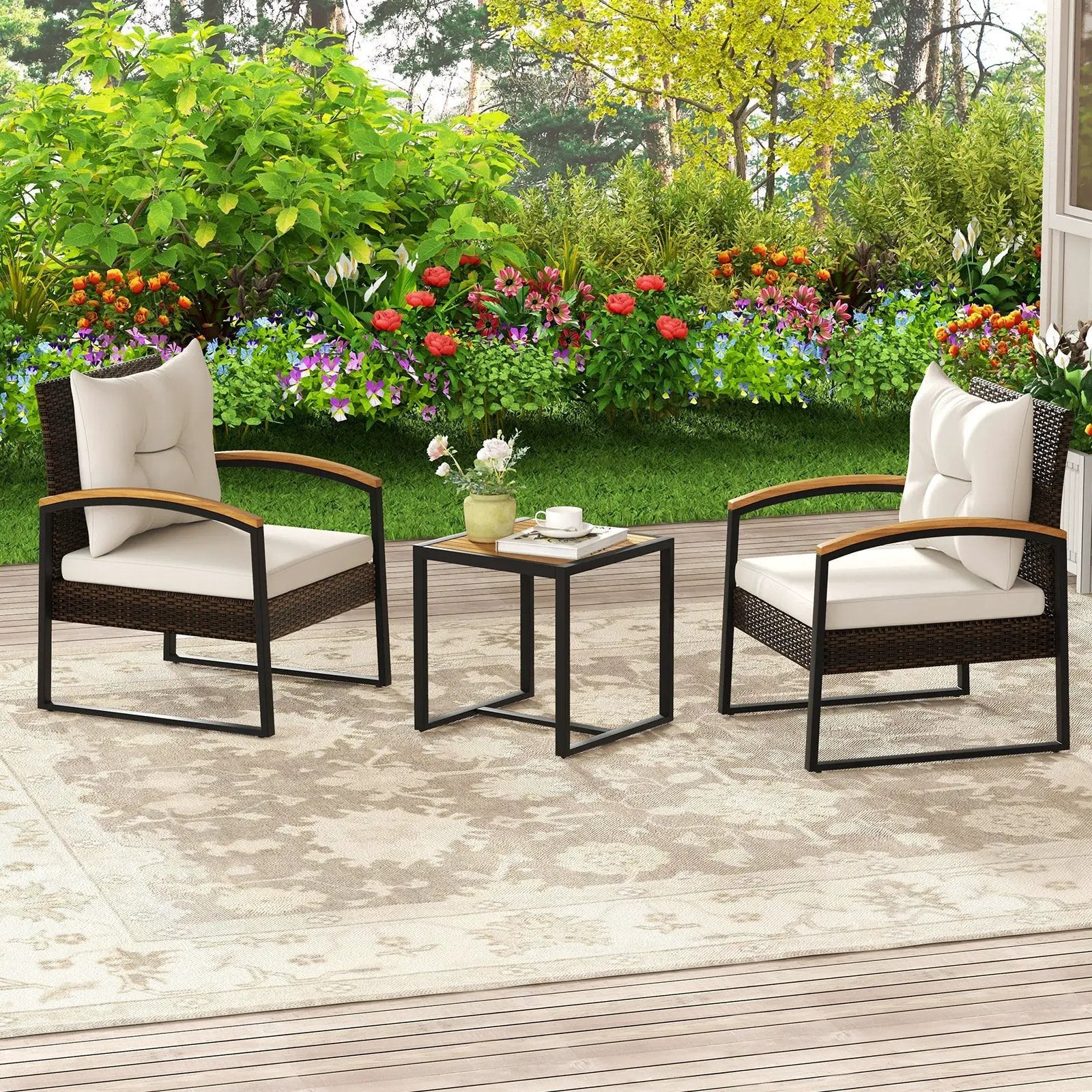 3 Piece Patio Conversation Set with Solid Acacia Wood Armrests and Tabletop-White by DirectDeals