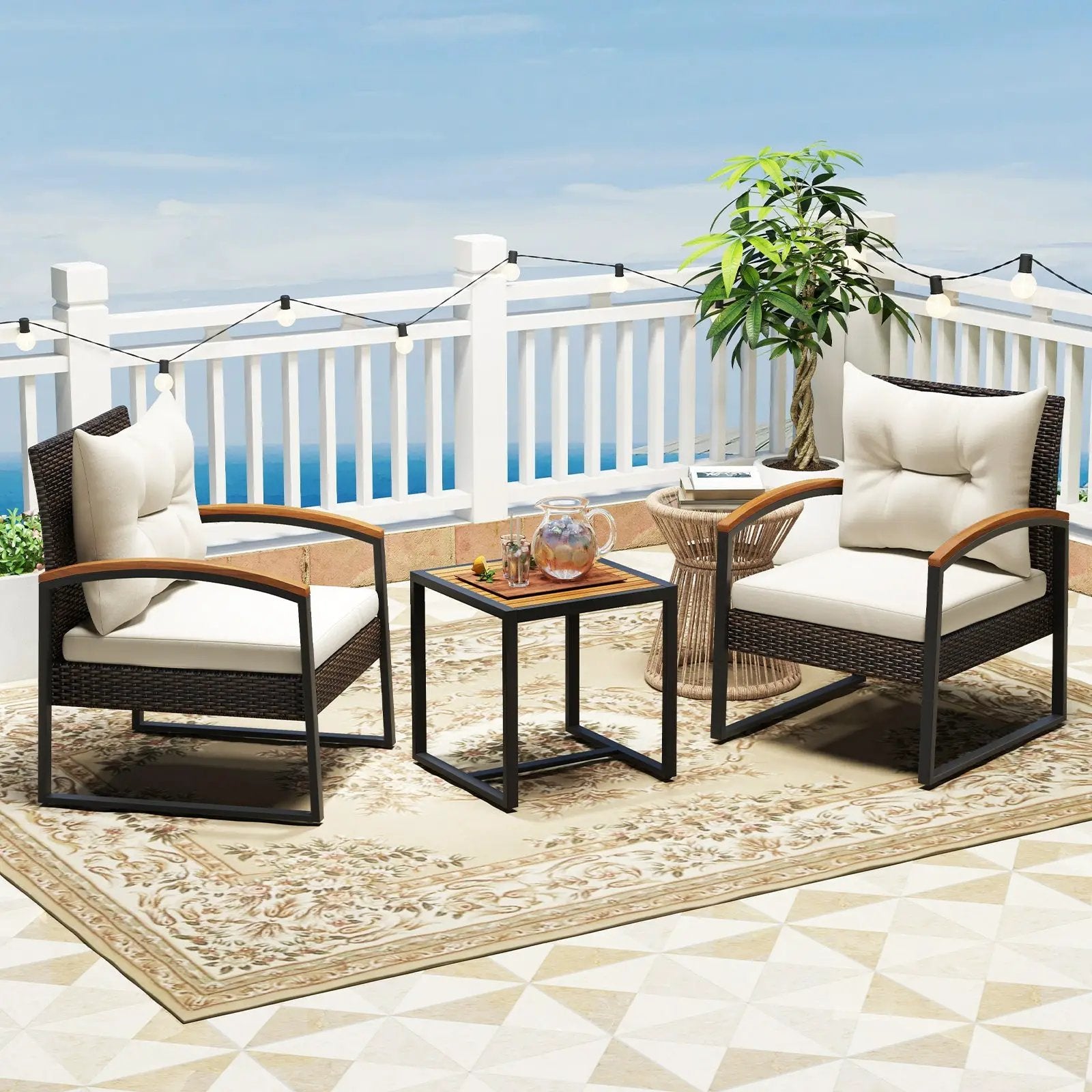 3 Piece Patio Conversation Set with Solid Acacia Wood Armrests and Tabletop-White by DirectDeals