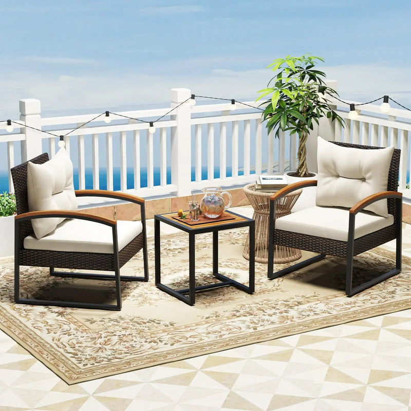 3 Piece Patio Conversation Set with Solid Acacia Wood Armrests and Tabletop-White by DirectDeals