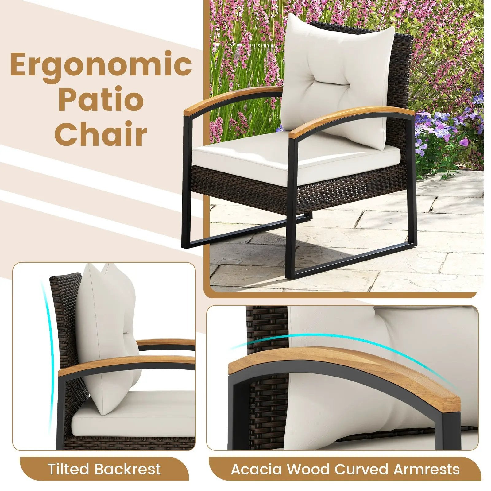 3 Piece Patio Conversation Set with Solid Acacia Wood Armrests and Tabletop-White by DirectDeals