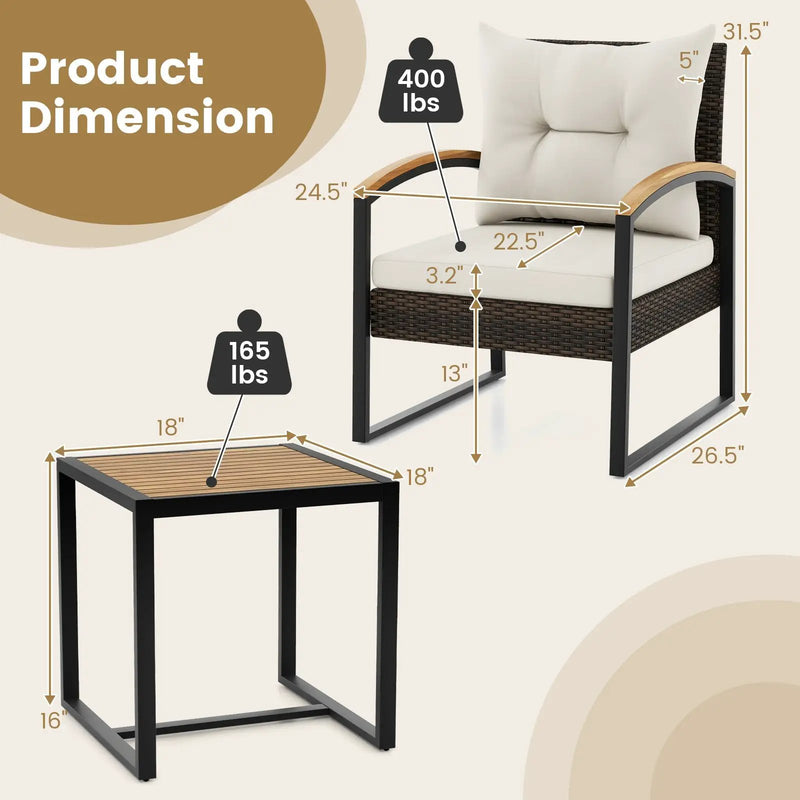 3 Piece Patio Conversation Set with Solid Acacia Wood Armrests and Tabletop-White by DirectDeals