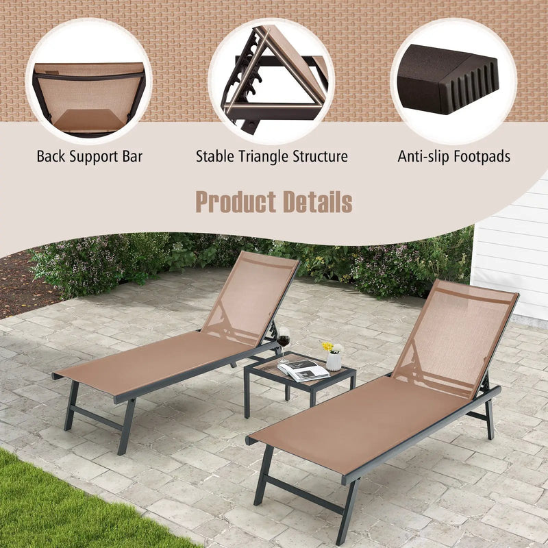 3 Pieces Patio Chaise Lounge Chair and Table Set for Poolside Yard by DirectDeals