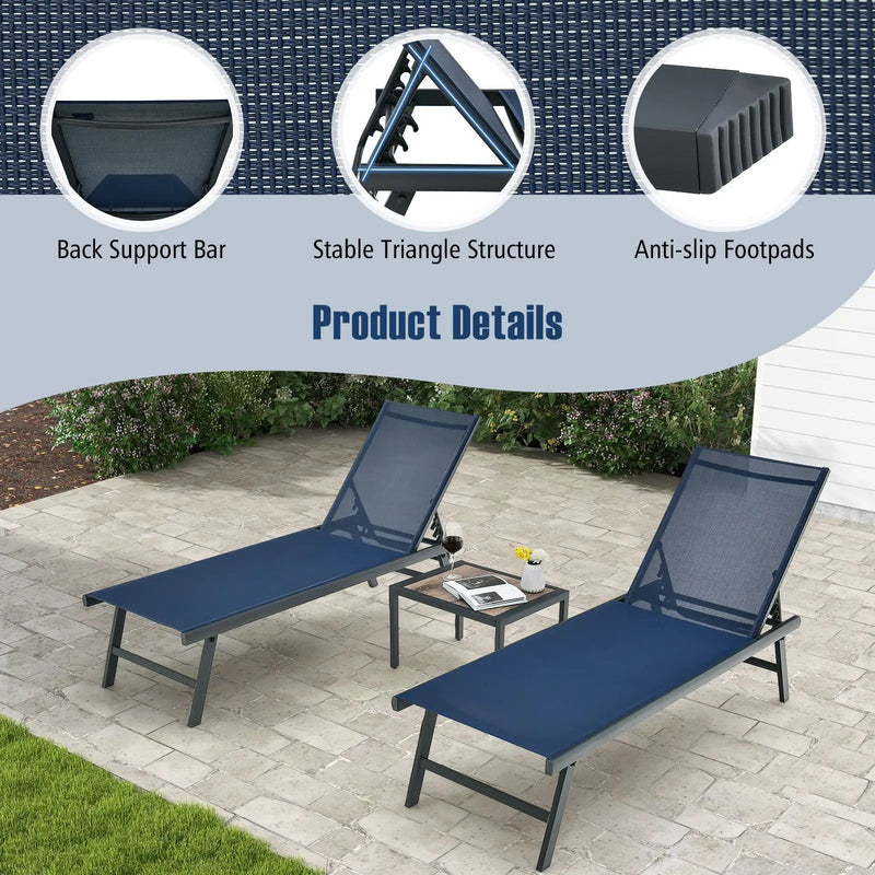 3 Pieces Patio Chaise Lounge Chair and Table Set for Poolside Yard by DirectDeals