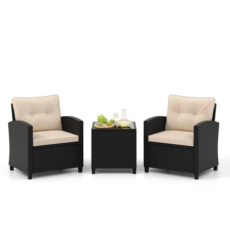 3 Pieces Patio Furniture Set with Tempered Glass Coffee Table by DirectDeals
