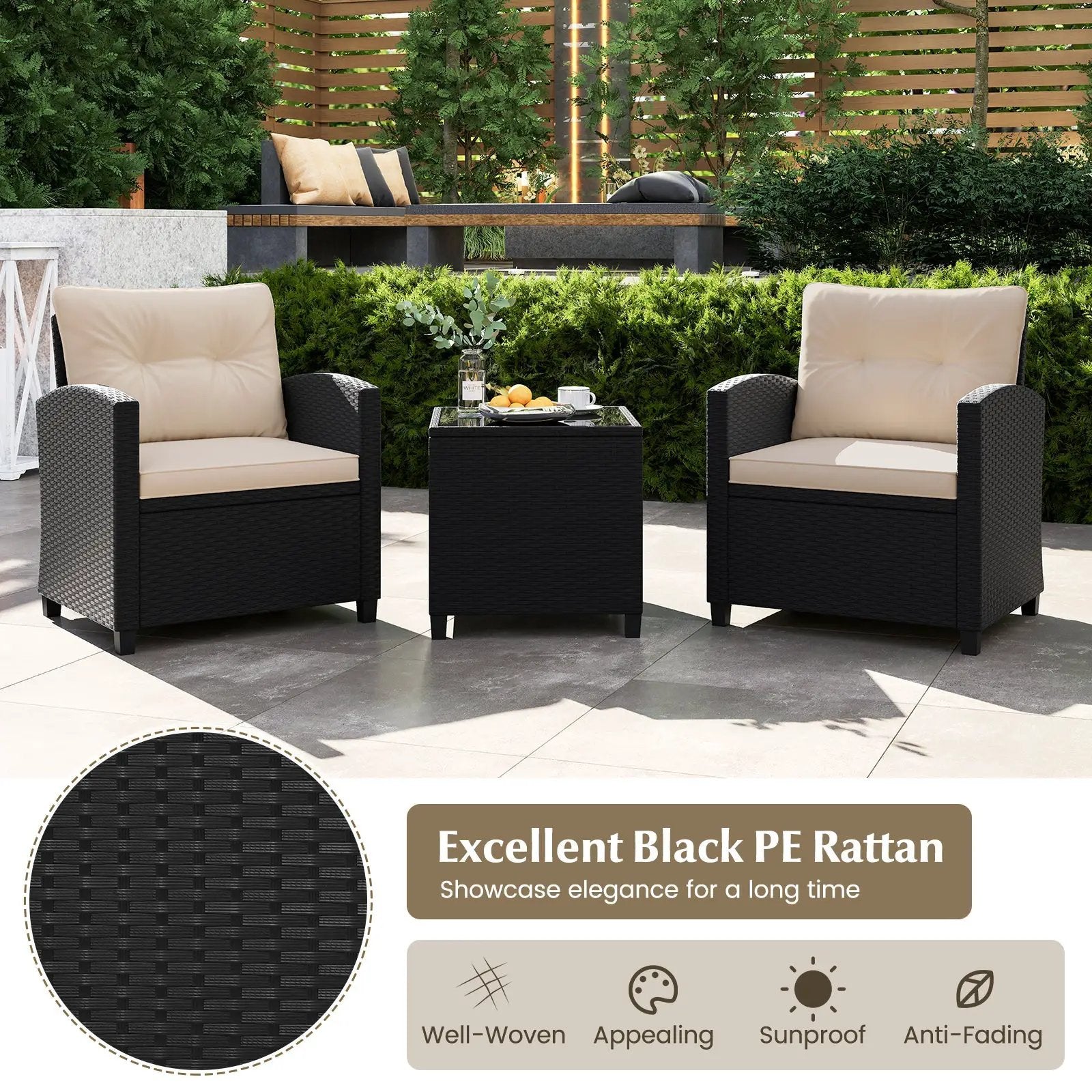 3 Pieces Patio Furniture Set with Tempered Glass Coffee Table by DirectDeals