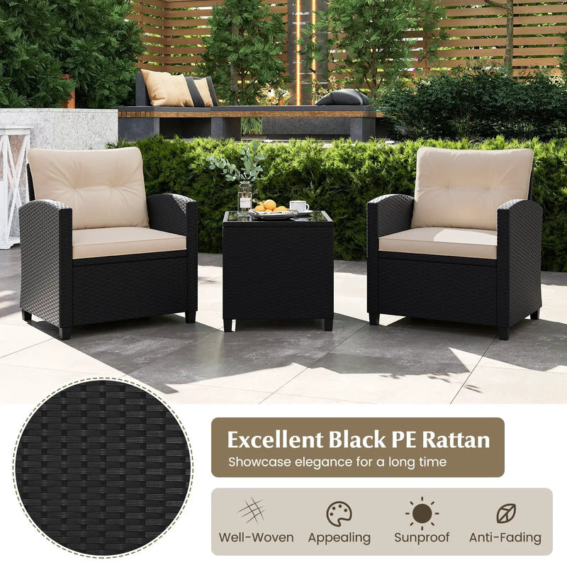 3 Pieces Patio Furniture Set with Tempered Glass Coffee Table by DirectDeals