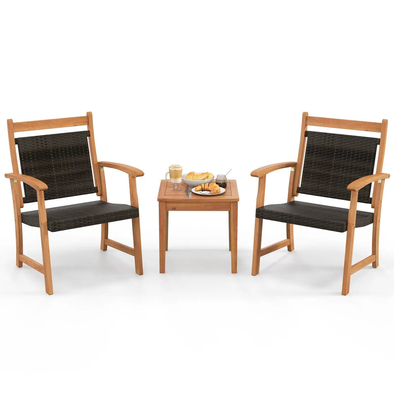 3 Pieces Rattan Bistro Set with Acacia Wood Frame for Garden by DirectDeals