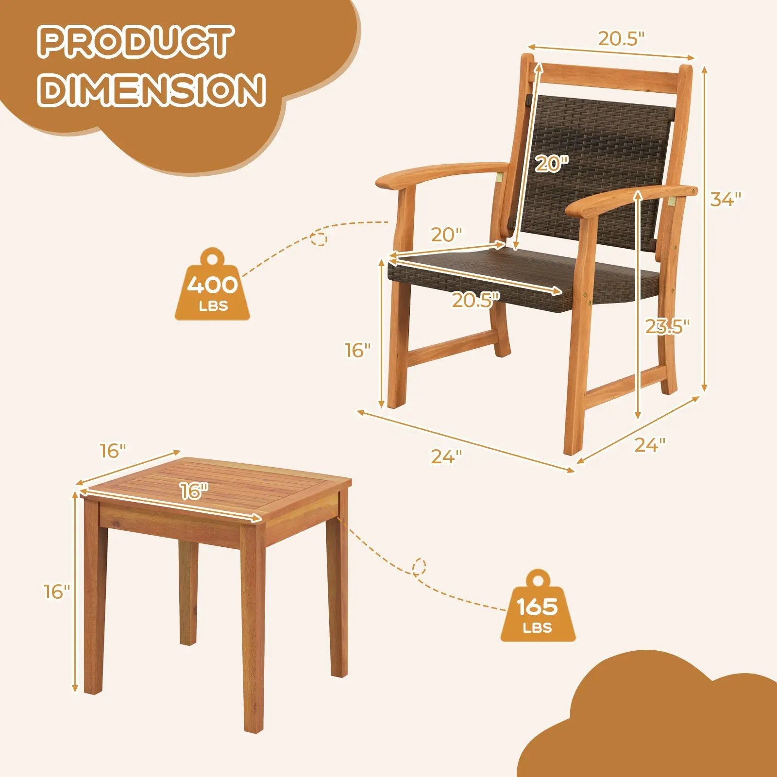 3 Pieces Rattan Bistro Set with Acacia Wood Frame for Garden by DirectDeals