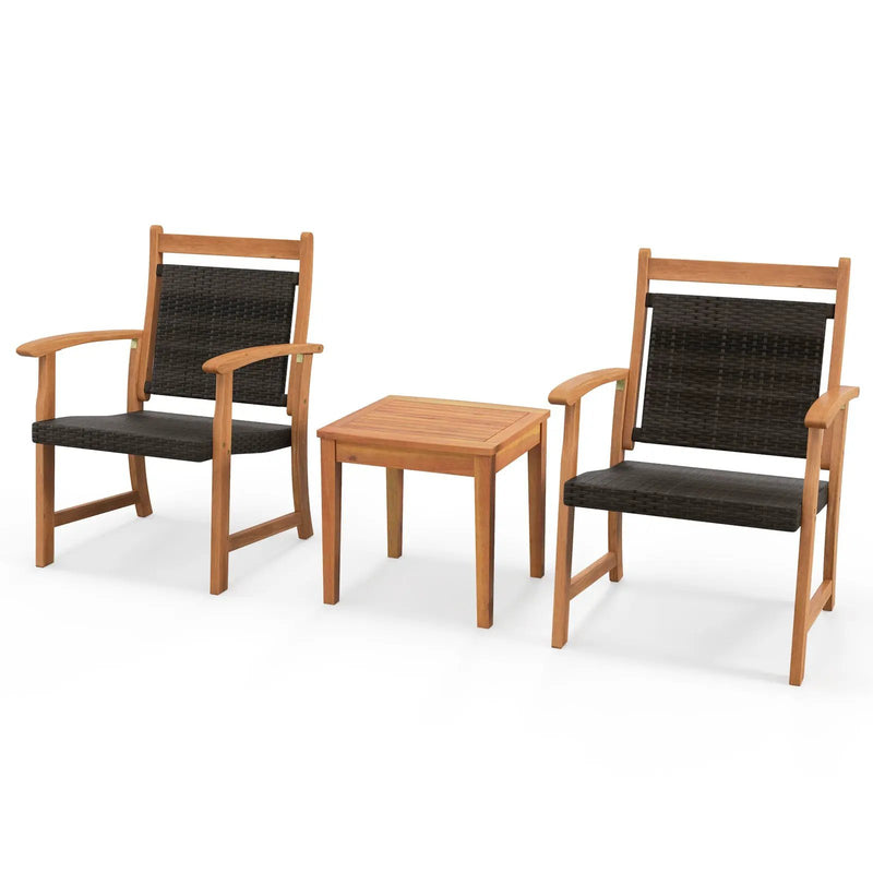 3 Pieces Rattan Bistro Set with Acacia Wood Frame for Garden by DirectDeals