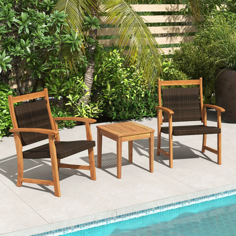 3 Pieces Rattan Bistro Set with Acacia Wood Frame for Garden by DirectDeals