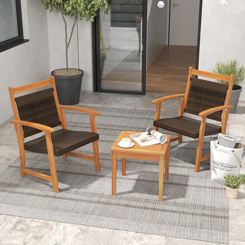3 Pieces Rattan Bistro Set with Acacia Wood Frame for Garden by DirectDeals
