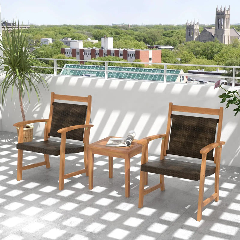 3 Pieces Rattan Bistro Set with Acacia Wood Frame for Garden by DirectDeals