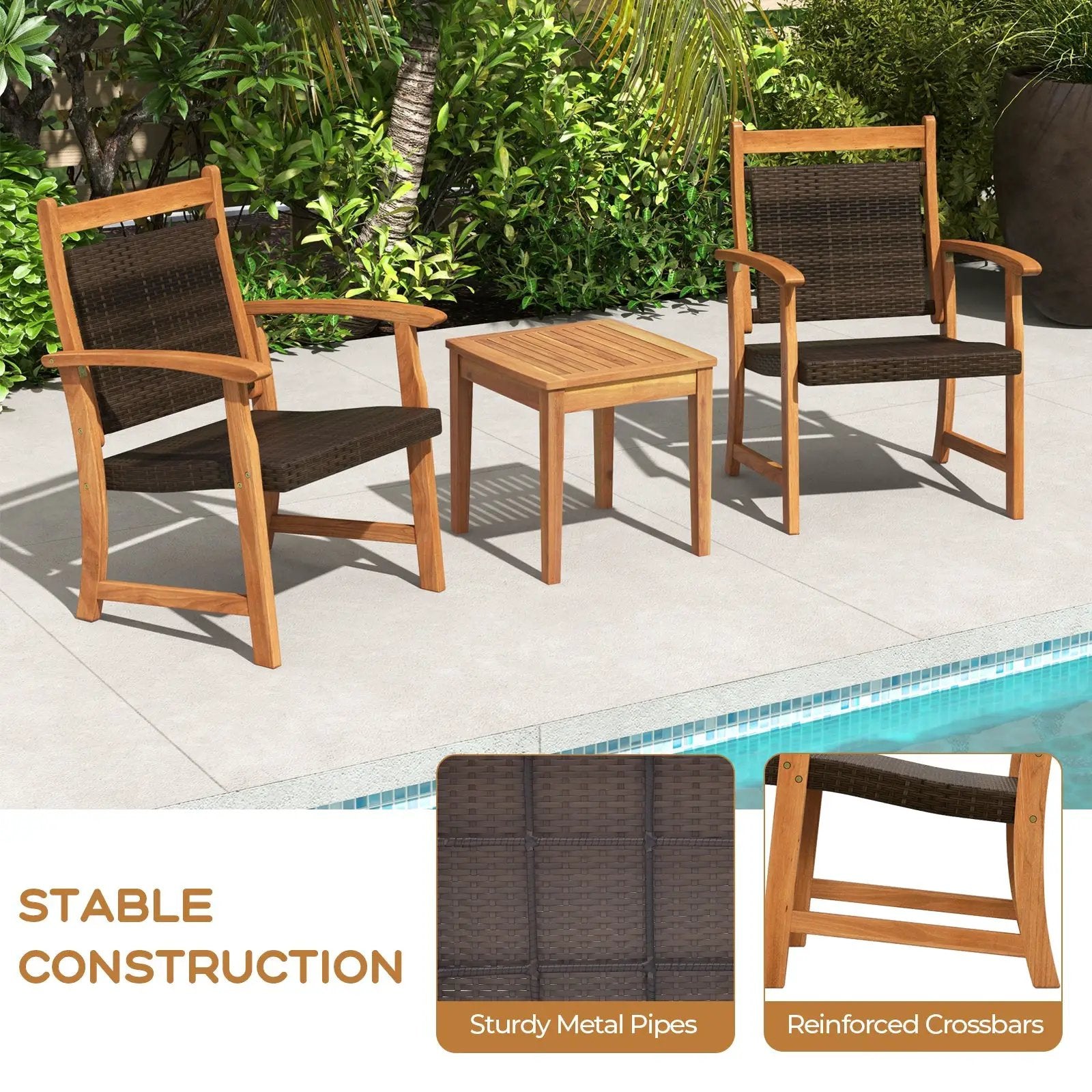 3 Pieces Rattan Bistro Set with Acacia Wood Frame for Garden by DirectDeals