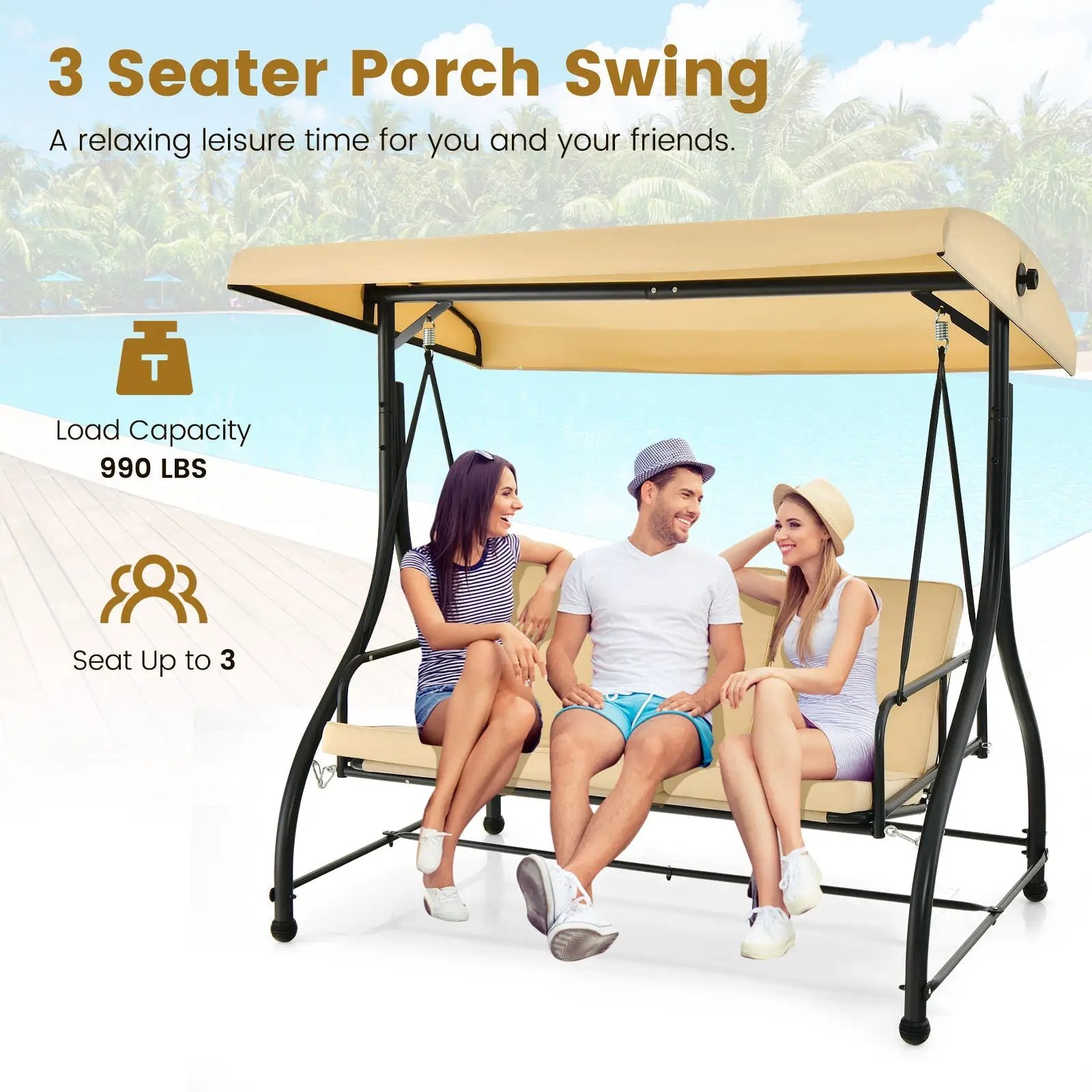 3 Seat Outdoor Porch Swing with Adjustable Canopy by DirectDeals
