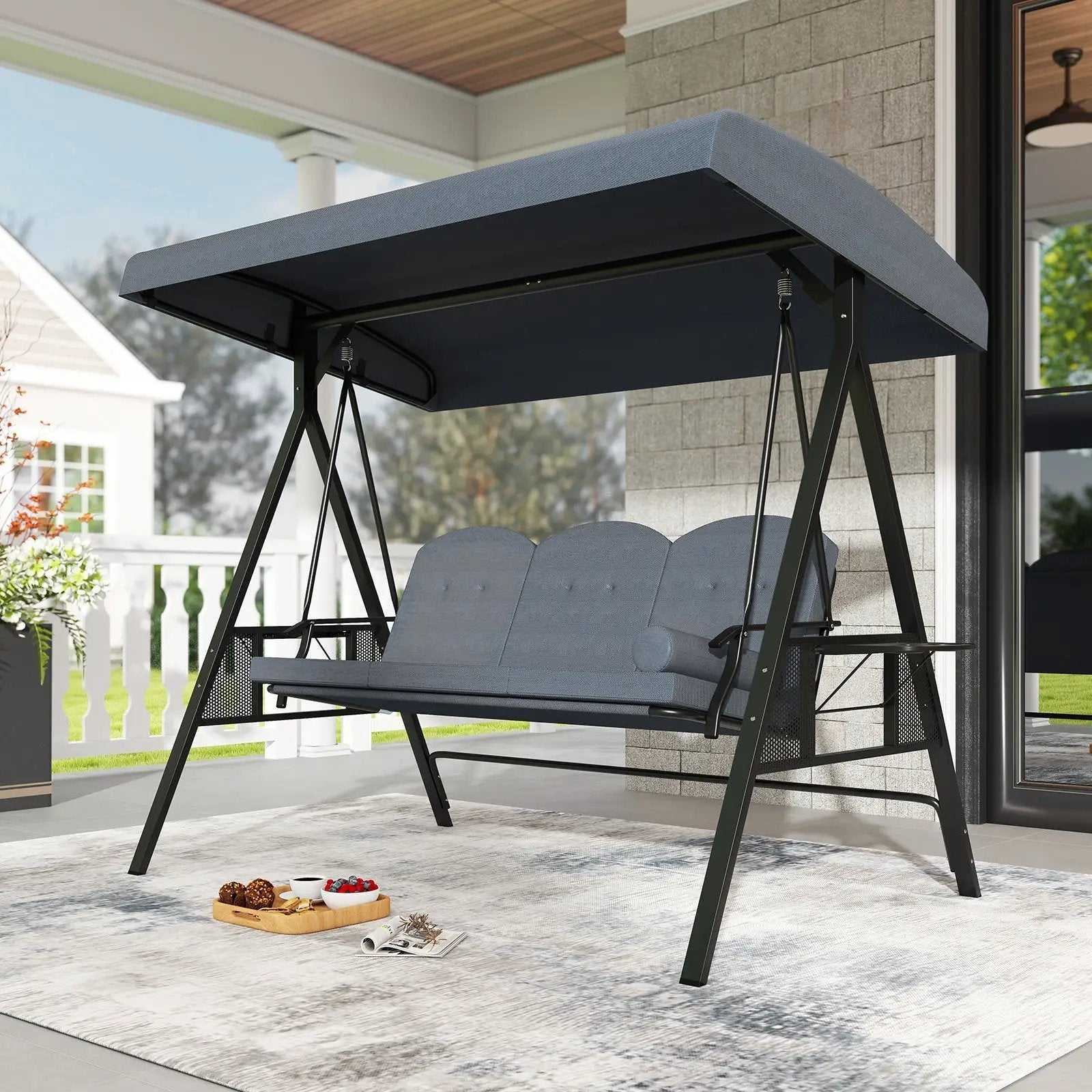 3-Seat Patio Swing Chair Porch Swing with Adjustable Canopy Thickened Cushions Pillow and Foldable Side Trays by DirectDeals