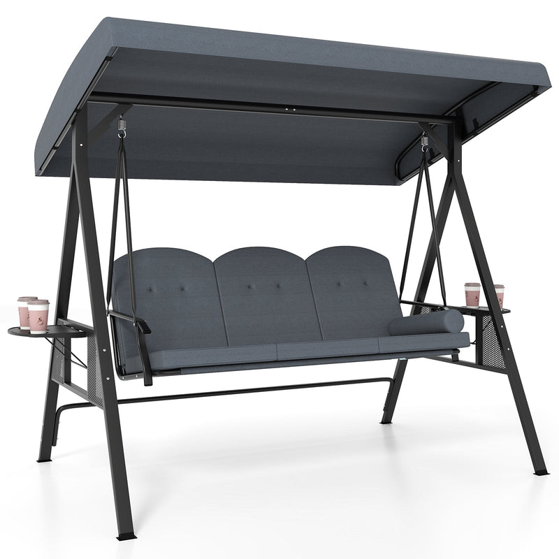 3-Seat Patio Swing Chair Porch Swing with Adjustable Canopy Thickened Cushions Pillow and Foldable Side Trays by DirectDeals