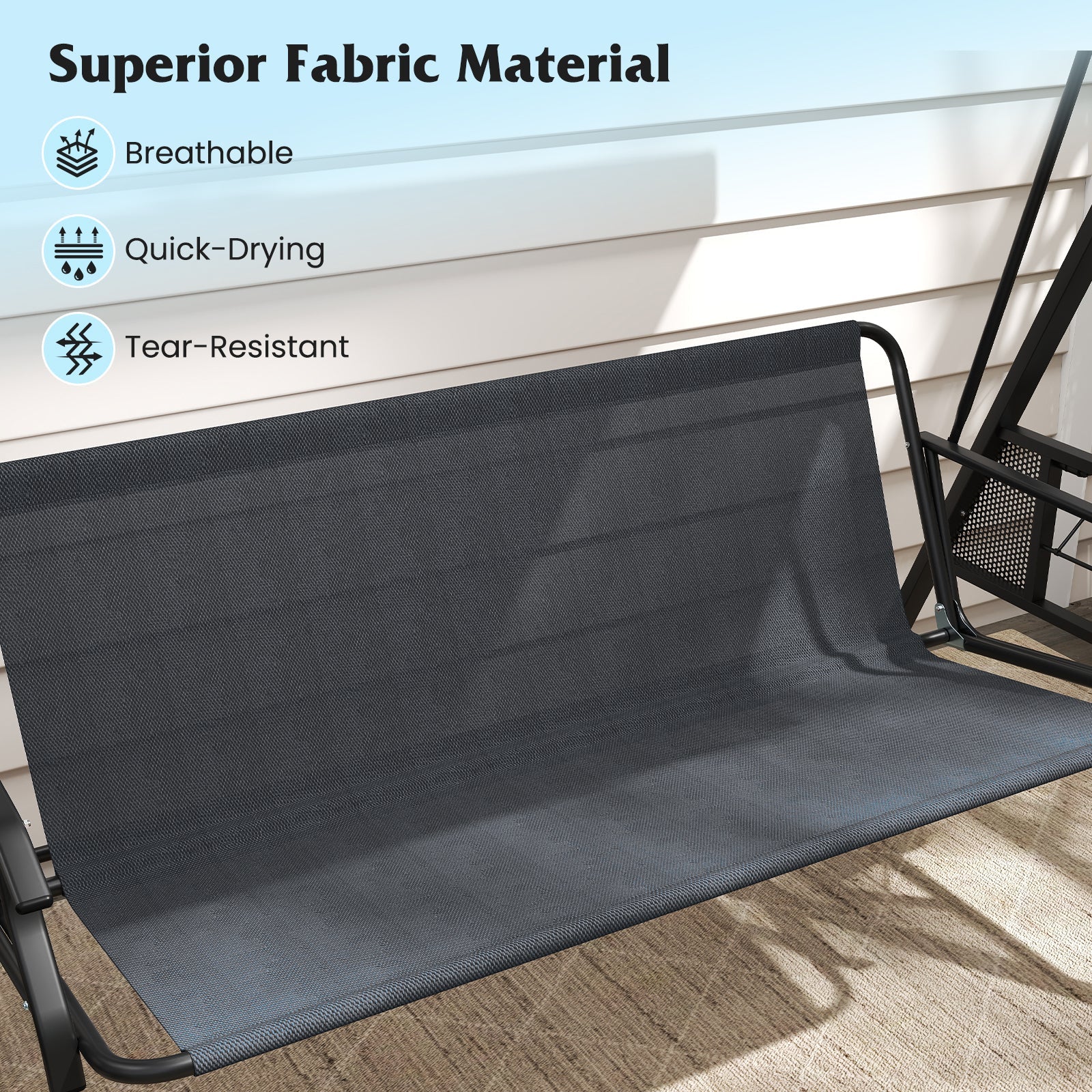 3-Seat Patio Swing Chair Porch Swing with Adjustable Canopy Thickened Cushions Pillow and Foldable Side Trays by DirectDeals