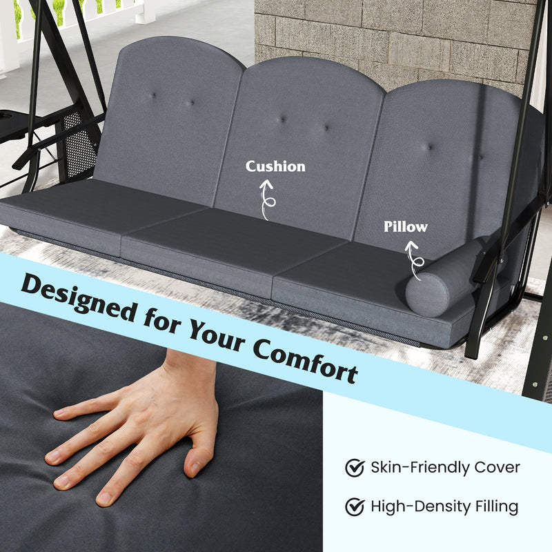 3-Seat Patio Swing Chair Porch Swing with Adjustable Canopy Thickened Cushions Pillow and Foldable Side Trays by DirectDeals