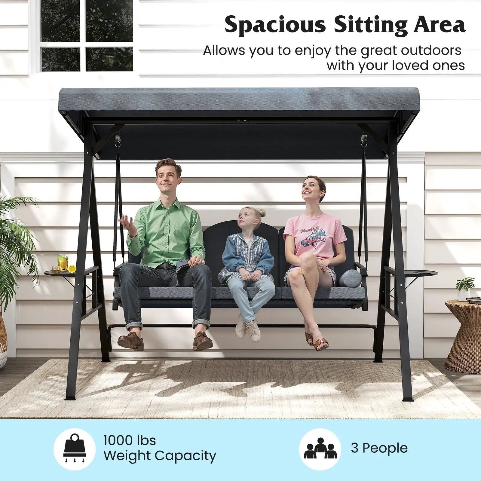 3-Seat Patio Swing Chair Porch Swing with Adjustable Canopy Thickened Cushions Pillow and Foldable Side Trays by DirectDeals