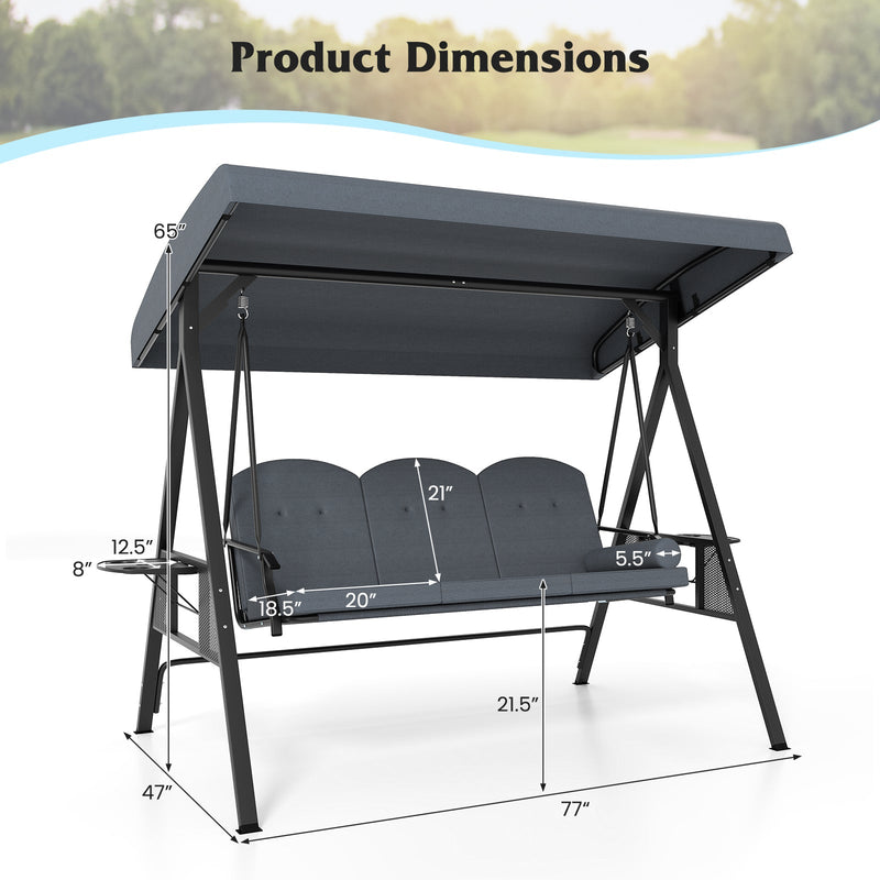 3-Seat Patio Swing Chair Porch Swing with Adjustable Canopy Thickened Cushions Pillow and Foldable Side Trays by DirectDeals